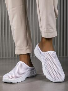 Women's Breathable Mesh Slip-On Mules Sneakers - Lightweight Flat Casual Shoes With Hexagonal Pattern, White Fabric Upper & MD Sole For Indoor/Outdoor Use