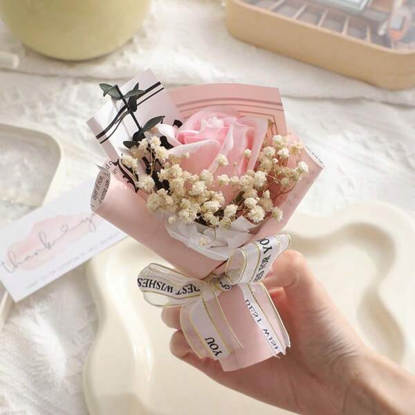 1pc Mini Artificial Flower Bouquet Includes 1pc Artificial Rose, Babysbreath Wrapped In Paper. Suitable For Mom, Girlfriend Boyfriend And Friend'S Birthday Or Anniversary Gift, Mother'S Day, Valentine'S Day, Wedding Favor, Home Or Desktop Decoration,Birthday Gift For Women And Kids