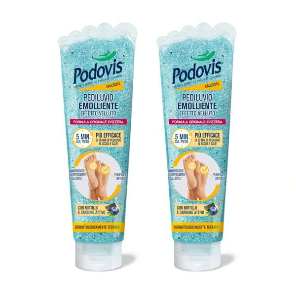 Podovis Pediluvio Emolliente, Effetto Velluto, Piedi Morbidi e Lisci, Rimozione Calli e Duroni, Elimina gli Ispessimenti della Pelle, Effetto Massaggiante ed Esfoliante, 150ml, 2pz