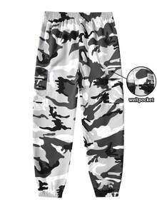 Men's Camo Casual Pants, Lightweight Drawstring Utility Cargo Pants, Emo, 2000s Style, Fall - Grey - View 3