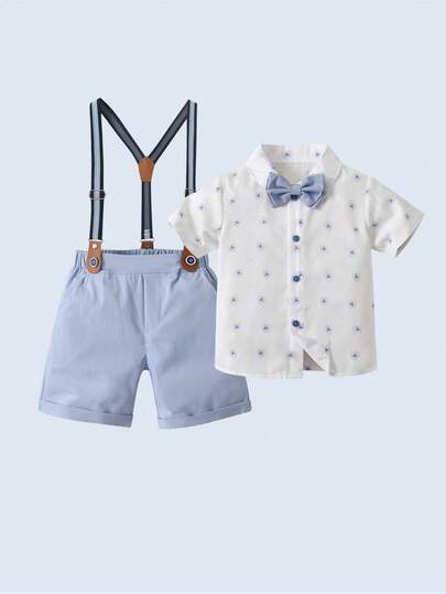 BOARNSEORL 2pcs Young Boys Gentleman Outfit: White Short Sleeve Shirt With Bowknot And Blue Shorts Overalls, Fashionable & Handsome For Birthday Party, Outings, Events