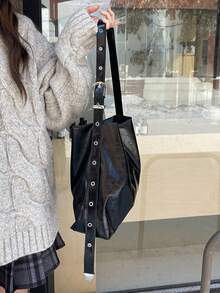 1pc Women's Fashion Versatile Shiny Black Soft Leather Large Capacity Commute Casual Tote Bag, Korean Style One Shoulder Crossbody Handbag