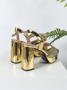 Nuevas sandalias sexy para mujer con puntera abierta, puntera cuadrada, correa, lentejuelas y suela gruesa. Para uso en exteriores durante el verano, elegante para vestido de fiesta y vestido de gala. Hermoso tacón grueso y plataforma de súper tacón alto