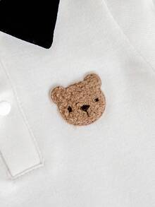 2pcs Baby Boy Clothes Set: White & Striped Polo Collar Teddy Bear Short Sleeve Loose Design Romper