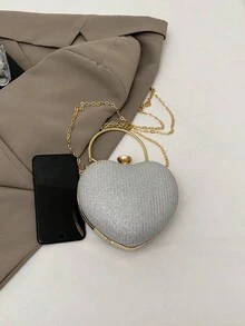 1件全新独特设计闪亮心形戒指手提包，带链条，时尚单肩/斜挎包，适合约会、休闲外出、情人节，个性化奢华晚宴手拿包 - 銀色 - 查看 5