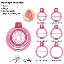 Haifan Soft Silicone Mini Chastity Devices Flat Cock Cage For Men With 6 Sizes Rings Penis Lock Bondage Sex Toys SM Products (Pink-Transparent)