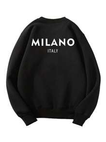 Męska zimowa bluza z długim rękawem i nadrukiem w jednolitym kolorze, w swobodnym stylu Sherpa, podszyta ciepłym materiałem, z nadrukiem i spodniami