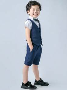 3 件男童休闲绅士西装套装：纯色背心 + 短裤 + 领结，夏季