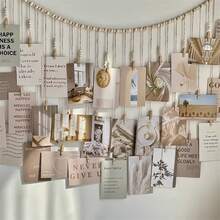 Bohemian Style Hanging Photo Display With Wooden Bead Wreath - Country Linen Wall Art For Dorm, Classroom And Bedroom | Natural Wood Frame Design, Attractive Room Decor, Perfect For Cherished Memories, Bohemian Home Decor - 彩色 - 查看 10