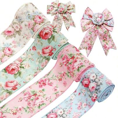 4pcs 2.5-Inch Spring Floral Wire Edged Ribbons, Watercolor Vintage Flower Ribbons, Pink Rose Decorative Fabric Ribbons, Suitable For Wreath Making, Bow Tying, DIY Crafts, Christmas Decoration, Home Holiday Gifts