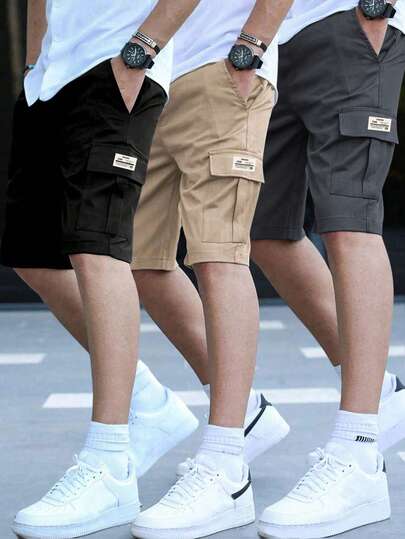 3 piezas pantalones cortos casuales deportivos sueltos con múltiples bolsillos para adolescentes varones, pantalones cortos cargo con estampado hasta la rodilla, primavera verano otoño, regreso a la escuela