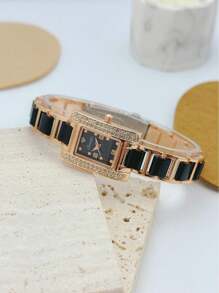 SUNLIFEX 1pc Square, Embellished With Diamonds, Exquisite, Fashionable, Elegant, Rose Gold, Women's Quartz Watch, Minimalist, High Quality, Gift For Women.