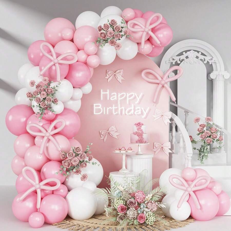 Kit de arco de globos con moño rosa, globos rosa y blancos, guirnalda ...