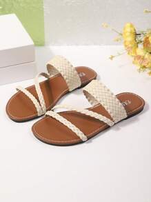 Sandalias planas con tira entre los dedos para mujeres, estilo juvenil europeo y americano, unicolor, diseño sencillo de trenzado, moda versátil, ligeras, chanclas de playa para vacaciones