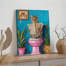 1pc Vibrant Leopard Print Canvas Art Print For Reading Newspaper-Unique Retro Style Bathroom Wall Decoration With Inner Frame Hanging Design, Which Is Very Suitable For Home Office, Living Room, Bedroom And Dining Room, Adding A Whimsical Feeling To Any Space. - Multicolor - View 4