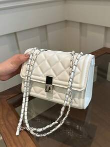 时尚纯色绗缝方形链条单肩包，百搭翻盖宴会晚宴包，新款轻便手提包和钱包，适合白领和学生的日常通勤斜挎包，休闲手机零钱斜挎包 - 白色 - 查看 13