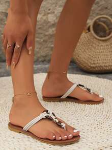 2025 Neue Minimalistische Sommer Zehentrenner Römersandalen mit Knöchelriemen, Flache Sandalen für Damen, Lässig Beach Flip Flops, Eleganter Preppy Stil, Perlen Beach Party Urlaub Outdoor - Weiss - Übersicht 6