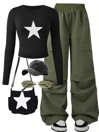 2pcs/Set American Chic Black Star Pattern Long Sleeve T-Shirt And Straight Leg Cargo Pants, Autumn Korean Style Girls Outfit