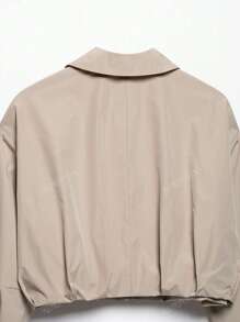 Plain Color Pleated Loose Short Jacket, Suitable For Spring & Autumn