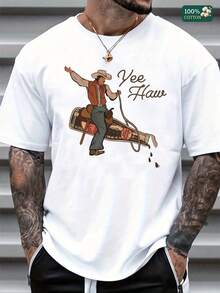 "Unisex 100% Cotton Round Neck Short - Sleeve T - Shirt - 'Yee Haw' Cowboy - Themed Graphic For Summer Men's Tops" - White - View 1