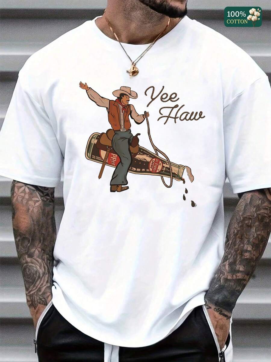"Unisex 100% Cotton Round Neck Short - Sleeve T - Shirt - 'Yee Haw' Cowboy - Themed Graphic For Summer Men's Tops" - White - View 1