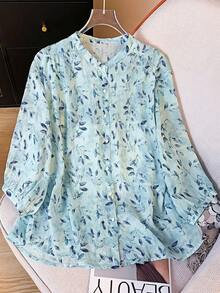YUXIN Summer Loose Retro Ditsy Floral Stand Collar 3/4 Sleeve Blouse For Women
