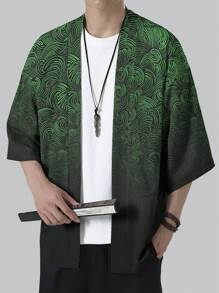 Men's Olive Green Floral Retro Pattern Kimono Style Clothing, Lightweight Casual Beach Top, Loose Fit, Polyester Material