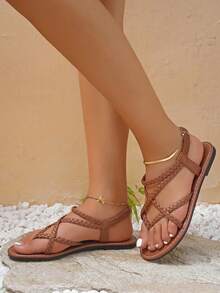 planare Women's Fashionable Elegant Brown Woven Criss-Cross Flat Slip-On Sandals, Suitable For Casual, Party, Date, Daily Commute, Comfortable Non-Slip Stable Outdoor/Indoor Stylish Flat Sandals For Ladies, Casual Holiday Vacation Daily PU Open Toe Strap Round Toe Comfortable Summer Sandals - Brown - View 5