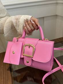 مجموعة من 2 حقيبة بمقبض علوي باللون الوردي، حقيبة كتف من جلد البولي يوريثان، حقيبة يد أنيقة للنساء مع محفظة نقود