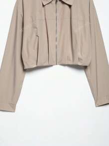 Plain Color Pleated Loose Short Jacket, Suitable For Spring & Autumn