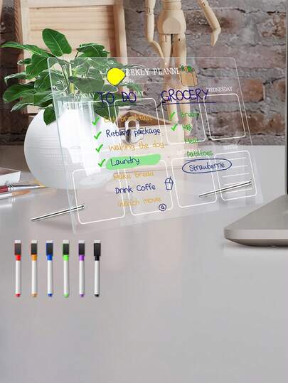 1 Set High-End White Line Acrylic Whiteboard, Stylish Erasable Front Desk Bulletin Board, Information Writing Decor Board, Home To-Do List Memo Board, Desktop Reusable Message Board (Comes With 6 Whiteboard Markers)