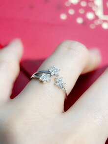 925 纯银五叶草三花镀 14K 金/铂金戒指，简约奢华雪花 CZ 可调节戒指，韩式风格，送给女朋友的礼物，周年纪念珠宝