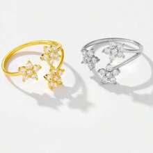 925 纯银五叶草三花镀 14K 金/铂金戒指，简约奢华雪花 CZ 可调节戒指，韩式风格，送给女朋友的礼物，周年纪念珠宝