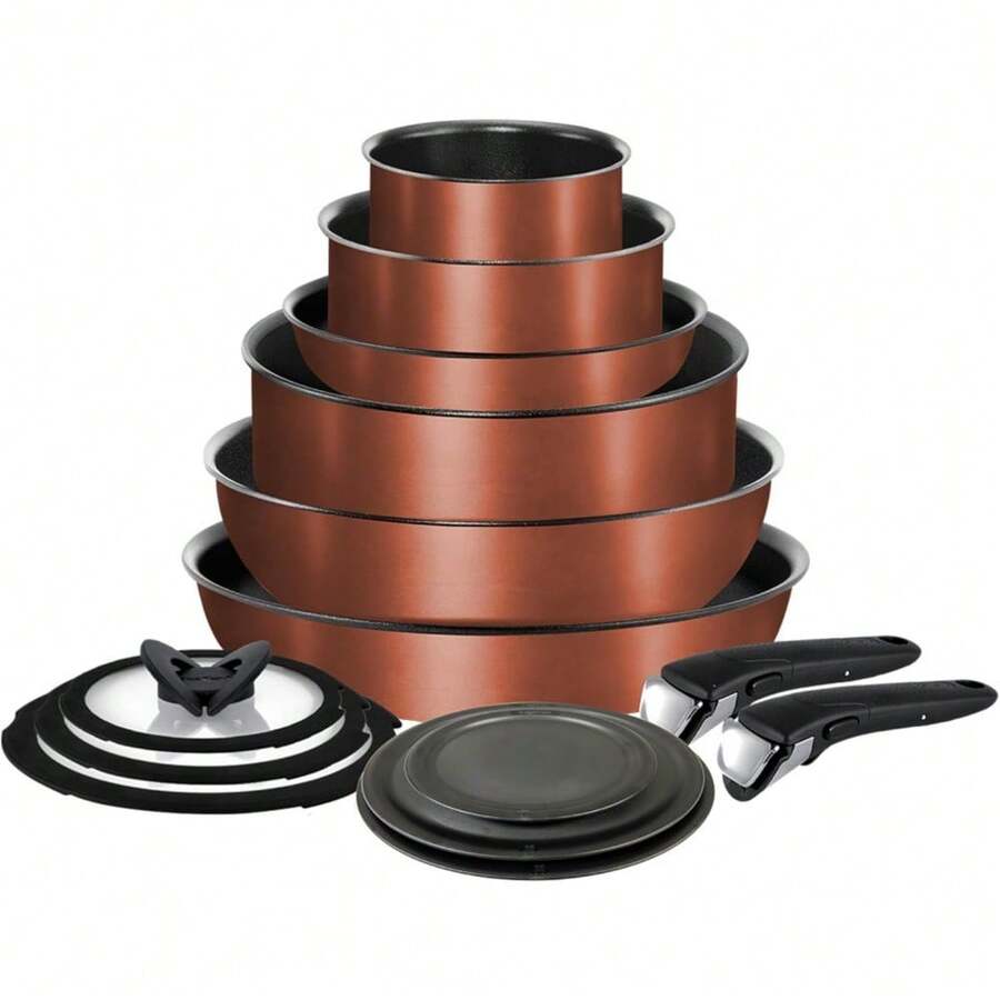 Local Delivery-T-Fal Ingenio Expertise Non Stick Cookware Set 10 Piece, Induction, Oven Broiler Safe 500F, Stackable Cookware, Pots And Pans Set, RV, Camping, Frying Pans, Dishwasher Safe, Detachable Handle,Black - Copper - View 1