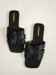 2025 Women Summer New Leather Square Toe Flat Plus Size Casual Fashion Sandals Slippers, Black