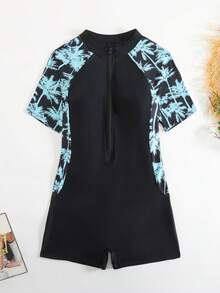 Women One-Piece Racing Swimsuit, High-Elasticity Nylon Fabric, Colorblock Print Short Sleeves, Round Neck, Detachable Bra, Sports Style Black Vacation - Black - View 8