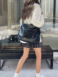 1pc Women's Fashion Versatile Shiny Black Soft Leather Large Capacity Commute Casual Tote Bag, Korean Style One Shoulder Crossbody Handbag