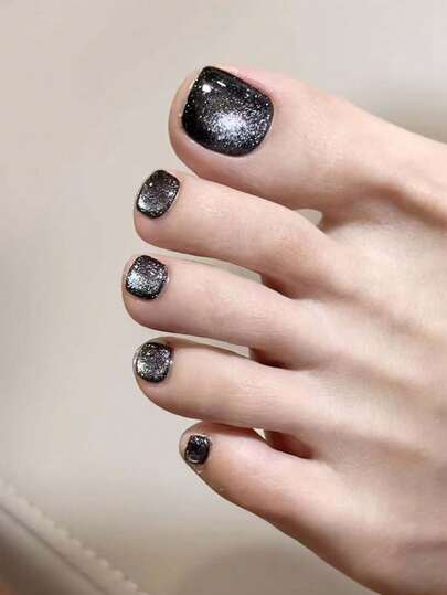 24 件/套 Y2K 美学黑水晶猫眼按压脚趾甲，完美贴合丙烯酸指甲假脚趾甲，包含 1 件果冻胶和 1 件指甲锉，适合女士和女孩日常佩戴的夏季指甲狂欢派对使用指甲用品指甲