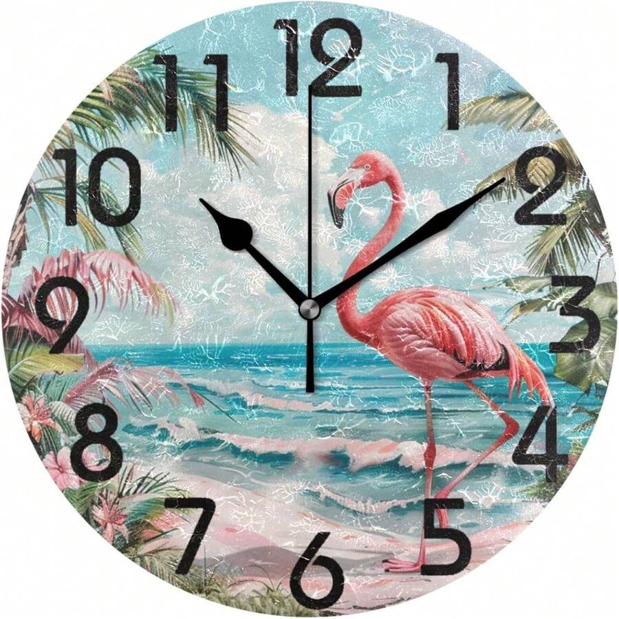 Pink Flamingo Tropical Beach, 10-Inch Round Wall Clocks, Simulated Quiet Non-Ringing Clock Desk Clock, Suitable For Home Kitchen/Living Room/Bedroom/Bathroom/Office - Baby Blue - View 1