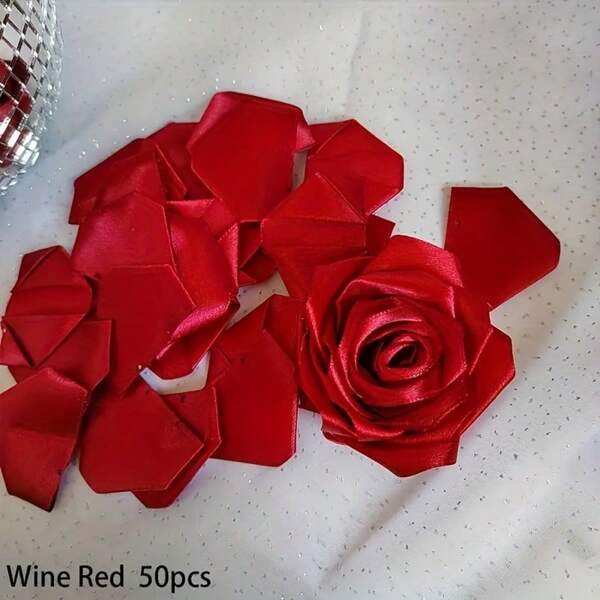 50pcs Eternal Satin Rose Petals DIY Craft, Handmade Ribbon Flower Petal Parts, Decor Embellishment, Holiday Gift, DIY Craft