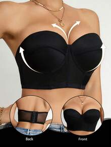 女士长款无肩带钢圈文胸，无缝露背设计，配有可拆卸透明肩带 - 黑色 - 查看 6