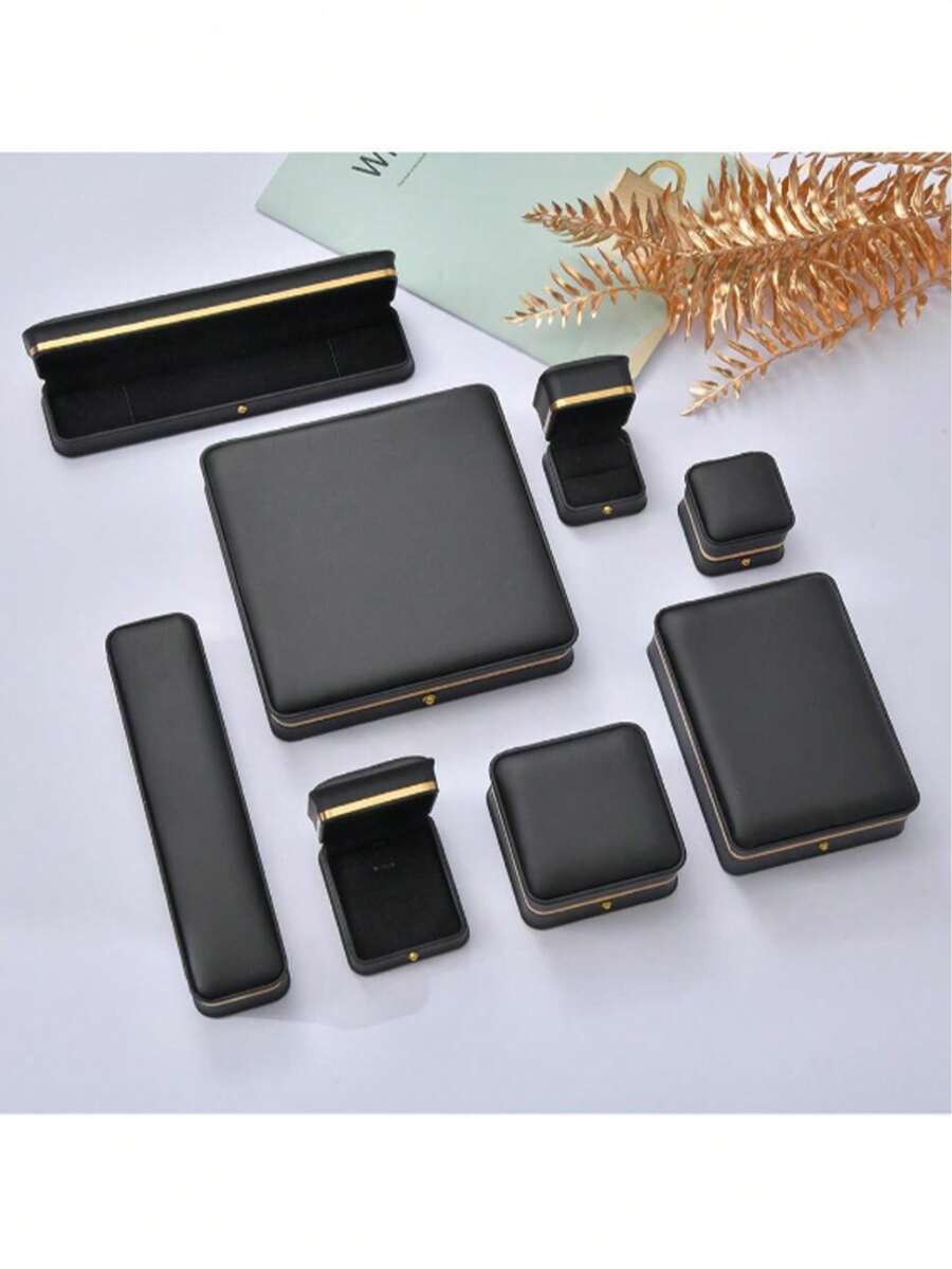 1PC高端金边珠宝盒首饰盒礼品包装盒戒指吊坠手链项链珍珠盒 - 黑色 - 查看 1