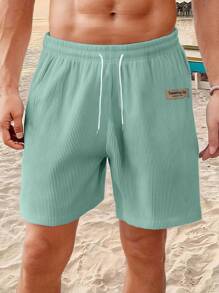 Summer Men Cord Loose Straight Leg Shorts, Simple Printed Casual Knee Length Pants