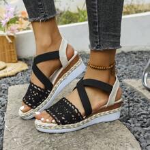 Sandalias de plataforma con cuña para mujer para el verano, de estilo versátil y casual con un diseño de correa de paja tejida con encaje de 2025, de gran tamaño, con estampado floral, elásticas y transpirables