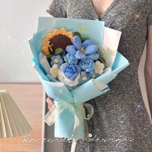 1pc Romantic Knit Flower Bouquet, Practical Yarn Tulips And Roses Bouquet Gift For Girlfriends, Useful Birthday Present