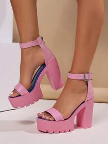 Solid Strap Fashionable Chunky Thick Sole High Heel Sandals [This Style Runs Large, Please Refer To The Size Chart When Ordering],Platform Heels,Spring Summer Outfits - Pink - View 6