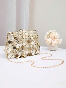 1pc Gold Glitter PVC Women One Shoulder Diagonal Cross-Body Bag, Holiday Essentials Gold Bag - Gold - View 4