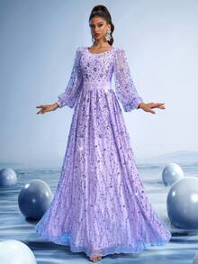 GIFORU 皇家紫色晚礼服，腰部手工串珠，袖口喇叭形 - 奢华水晶刺绣舞会礼服，红毯婚礼舞会礼服，华丽雪纺优雅，自然风格细节，正式派对礼服，适合婚礼宾客 - 紫丁香色 - 查看 7