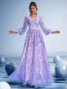 GIFORU 皇家紫色晚礼服，腰部手工串珠，袖口喇叭形 - 奢华水晶刺绣舞会礼服，红毯婚礼舞会礼服，华丽雪纺优雅，自然风格细节，正式派对礼服，适合婚礼宾客 - 紫丁香色 - 查看 8