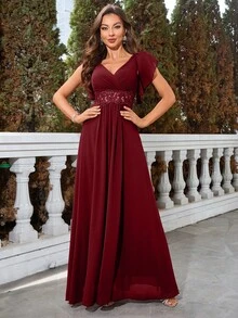 UNITHORSE 刺绣雪纺束腰礼服，优雅舞会晚会婚礼宾客礼服，适合毕业典礼、晚宴派对礼服、新娘礼服、生日女士服装 - 酒紅色 - 查看 4